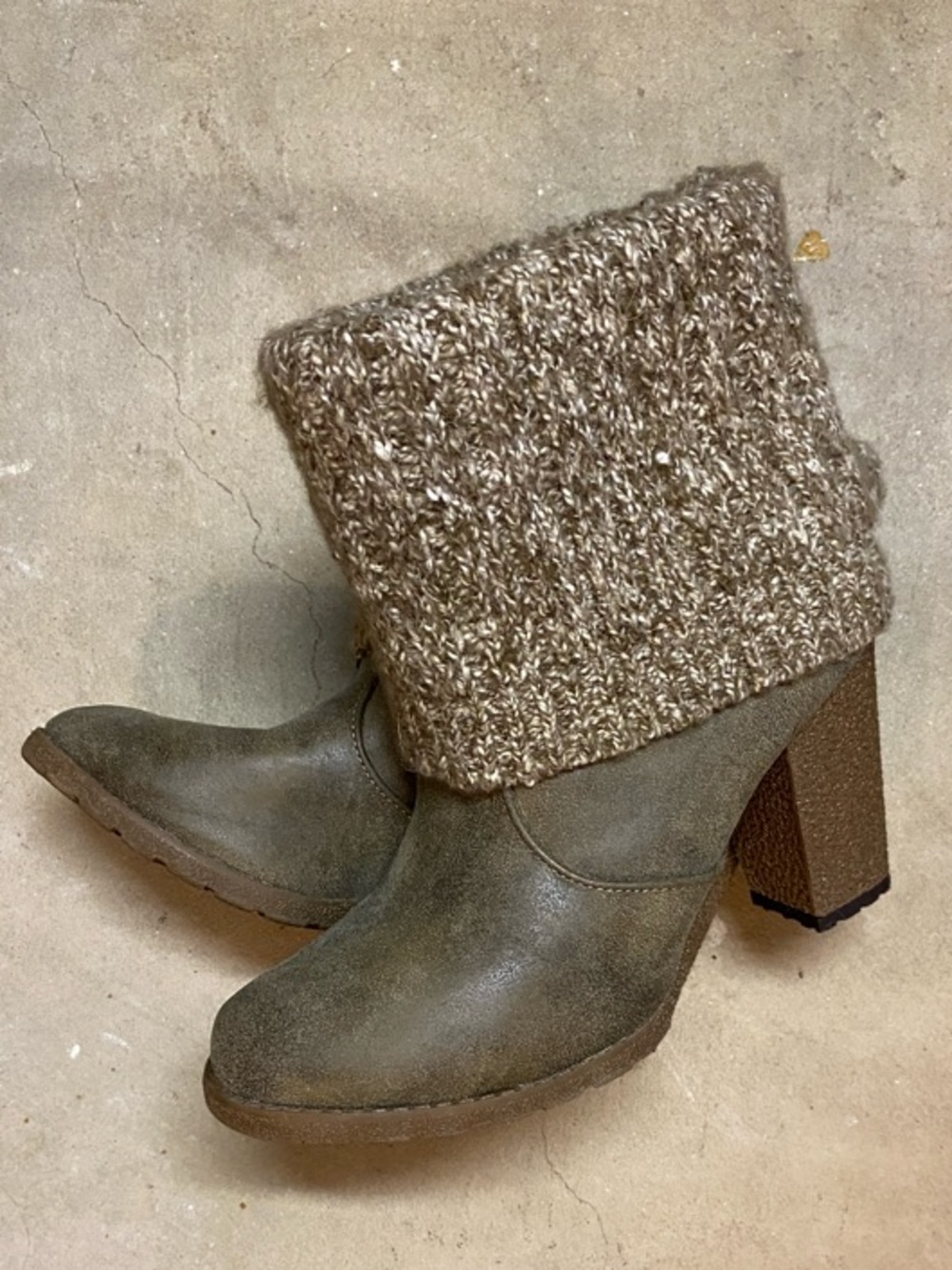 Muk Luks Taupe Knit-Cuff Block Heel Ankle Boots